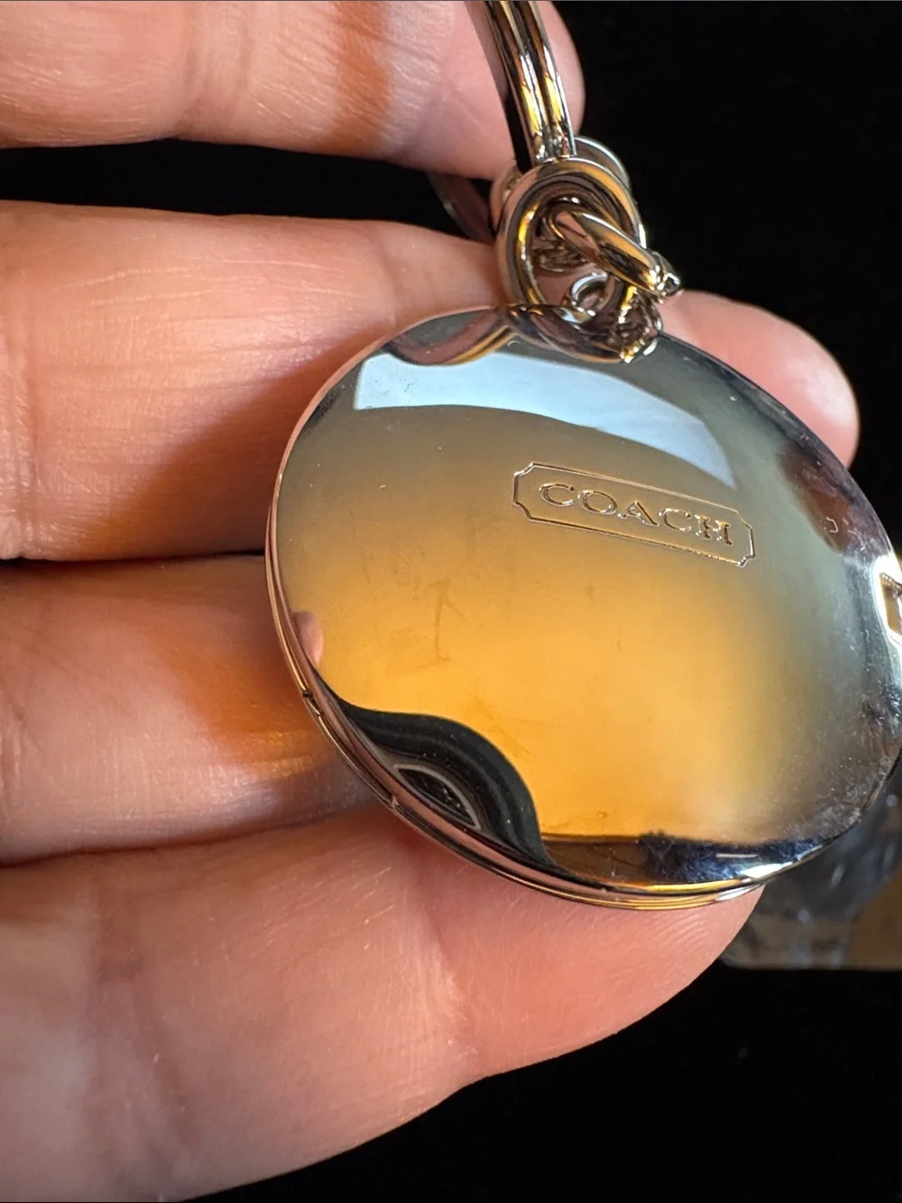 Coach Silver Locket with Black Lettering Round Logo Keychain Charm